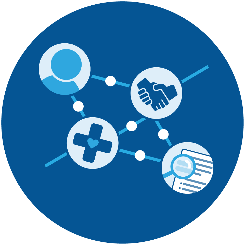 Illustration of connections between a person, a health cross, a handshake, and a magnifying glass on a research paper