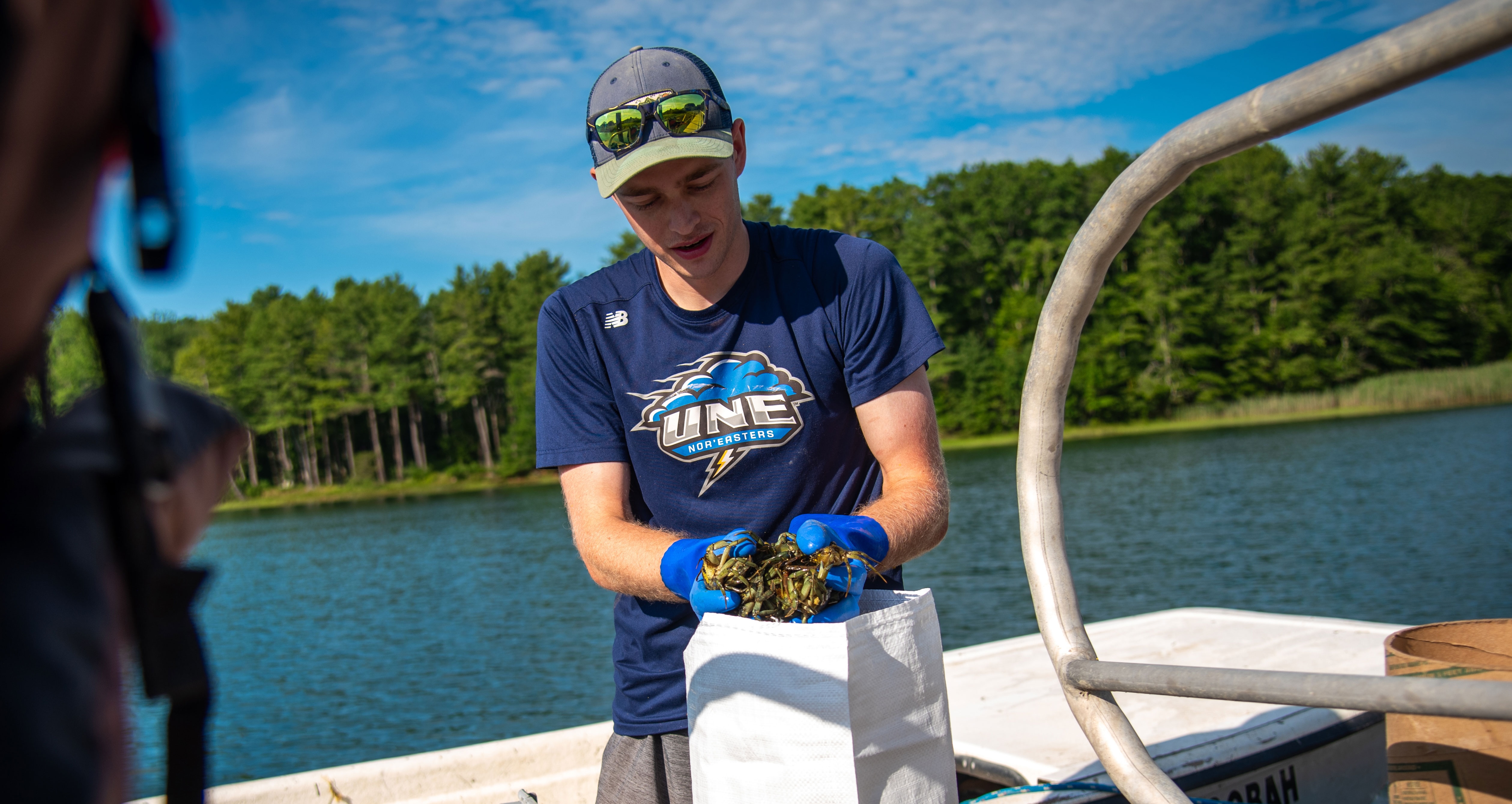 Jackson Martine transfers green crabs to holding containers