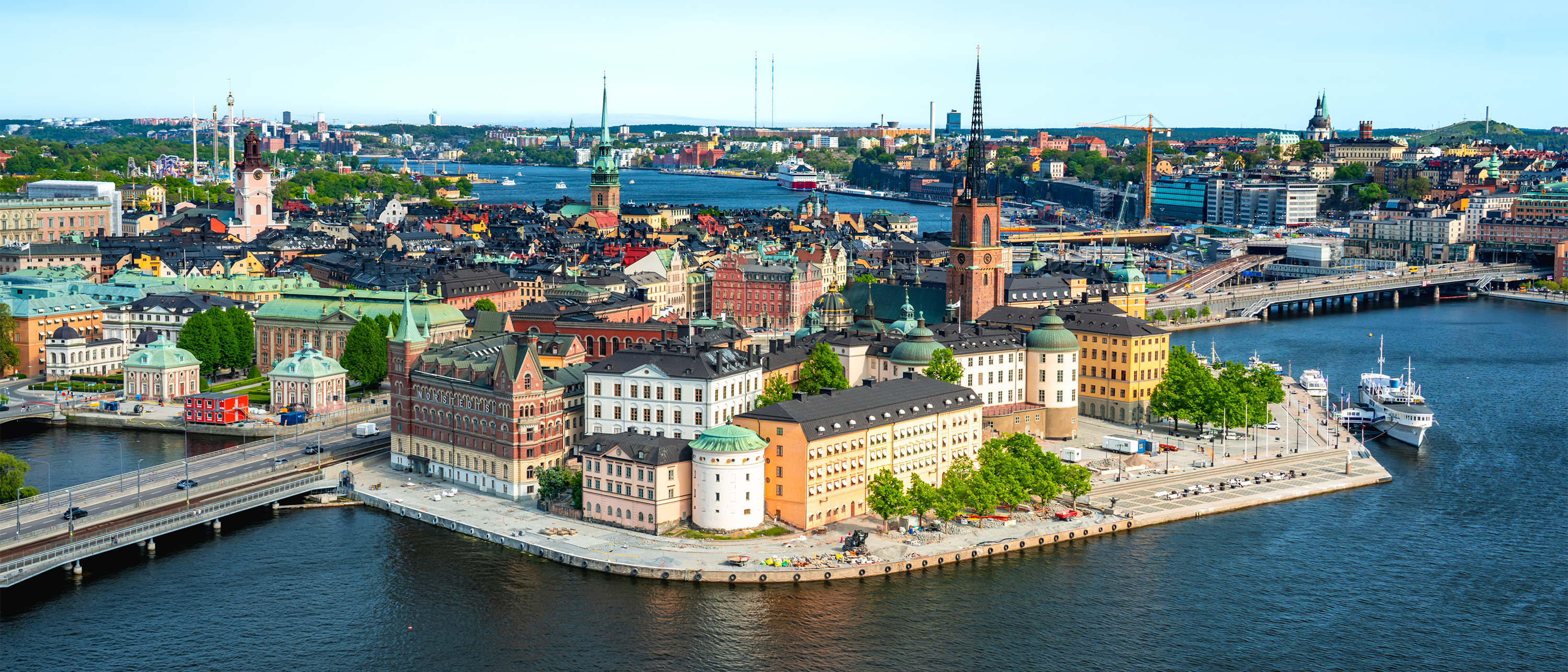 An aerial view of Gamla Stan, Stockholm's historic old town, surrounded by water.
