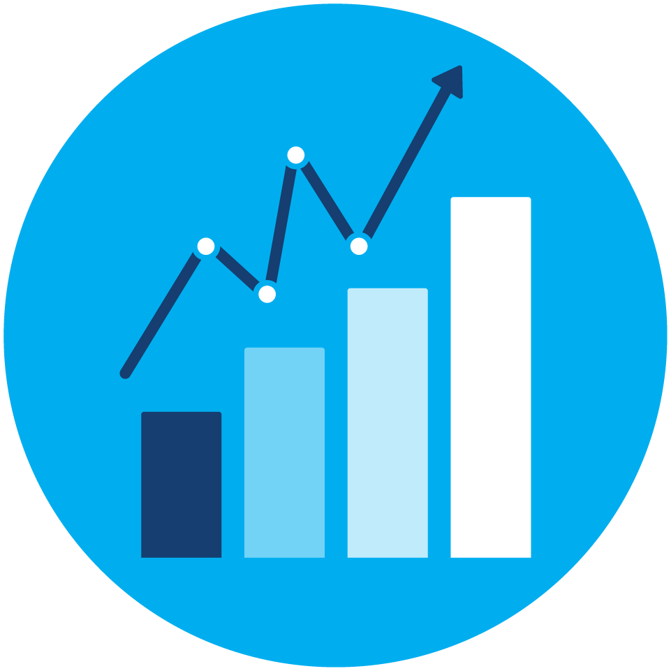 Icon with an upward bar chart and line graph