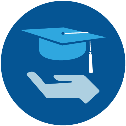 An illustration of a hand holding up a traditional graduate cap