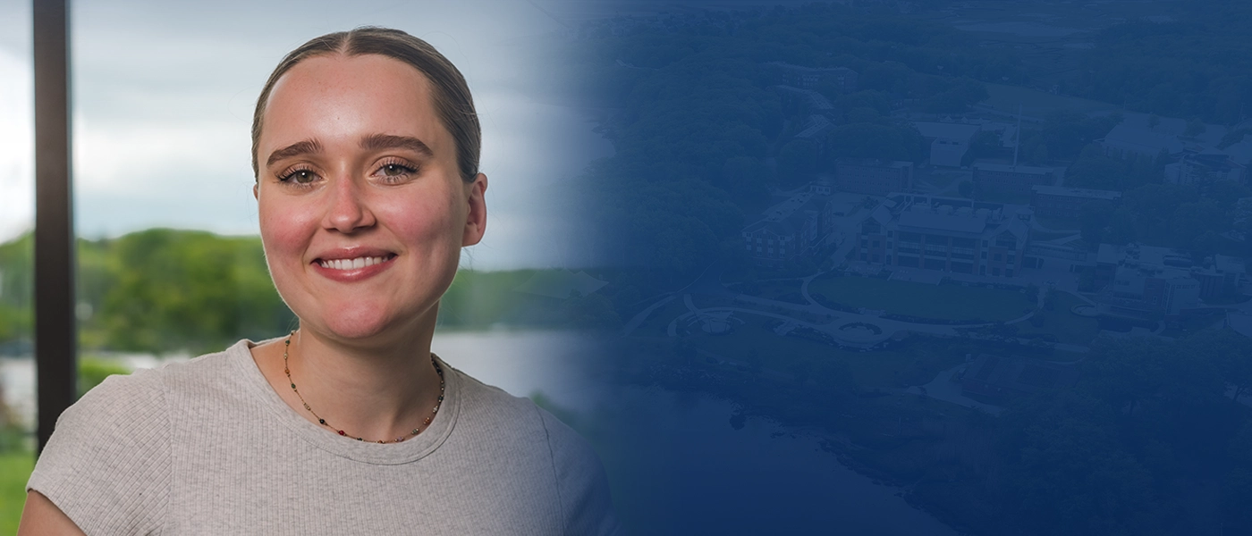 UNE graphic with student photo of Isabel Ryan