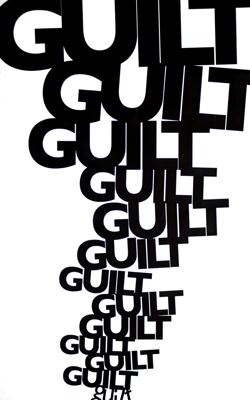 The word "guilt" appears in black on a white background many times. 