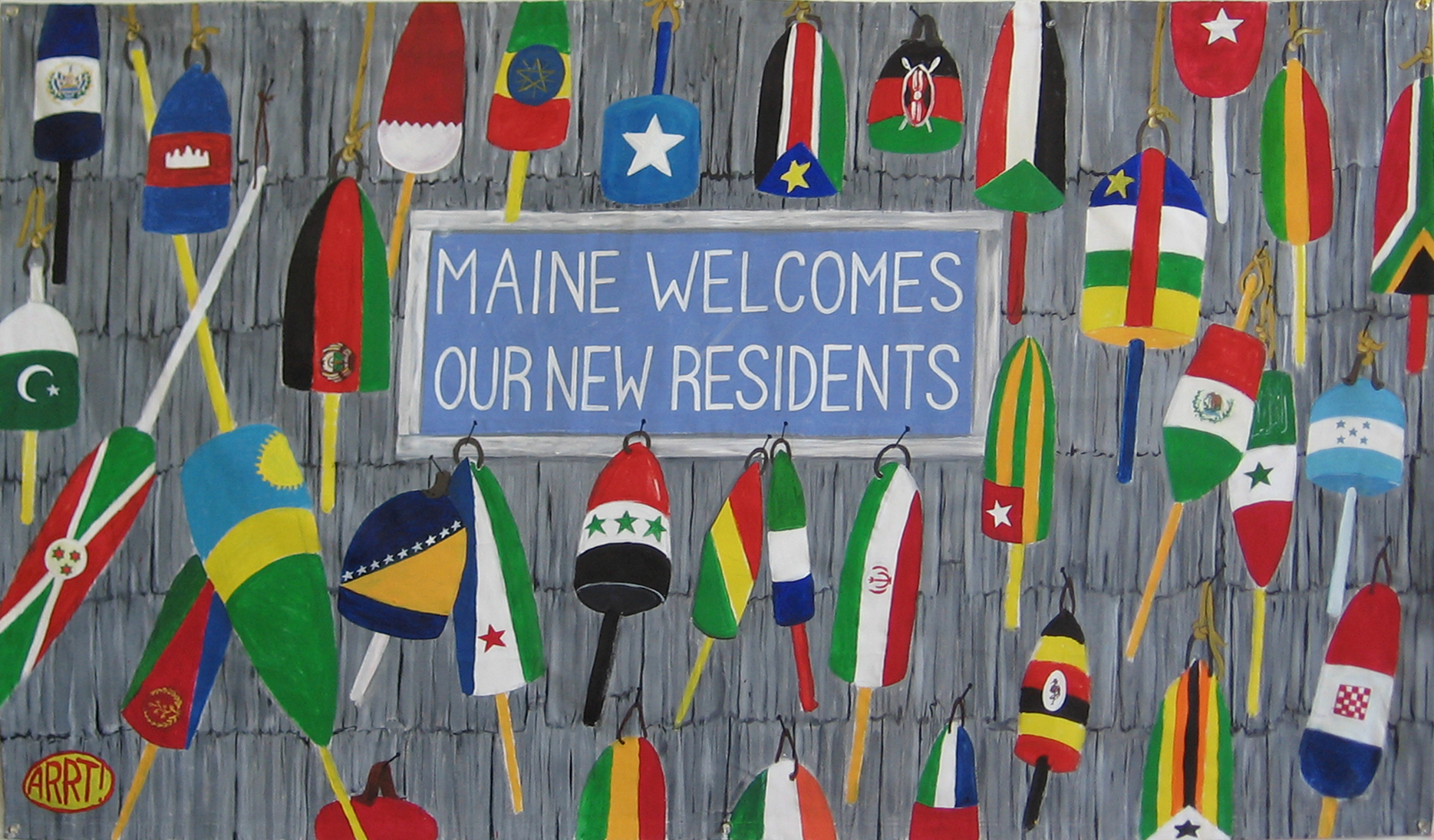 A variety of buoys with different world flags