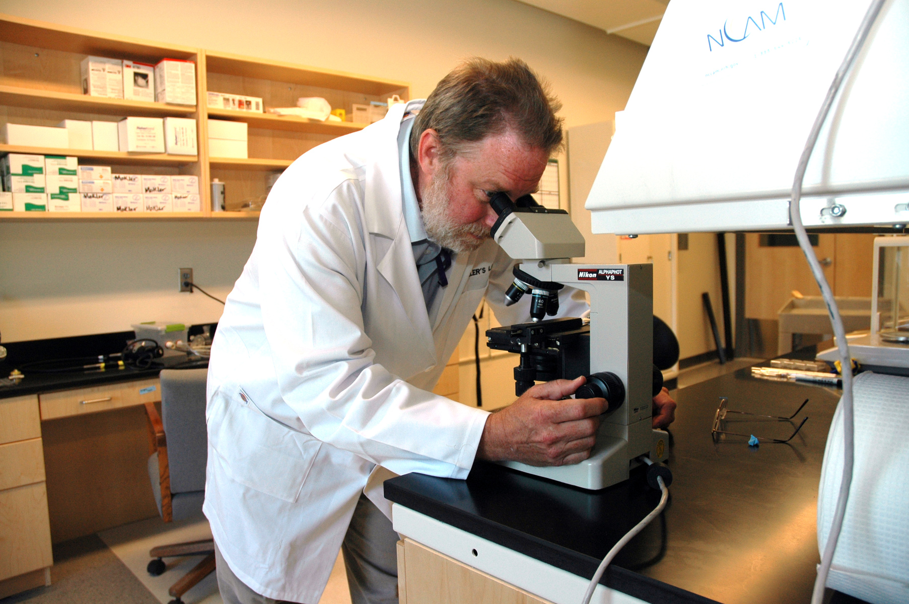 A U N E neuroscience professor looks into a microscope