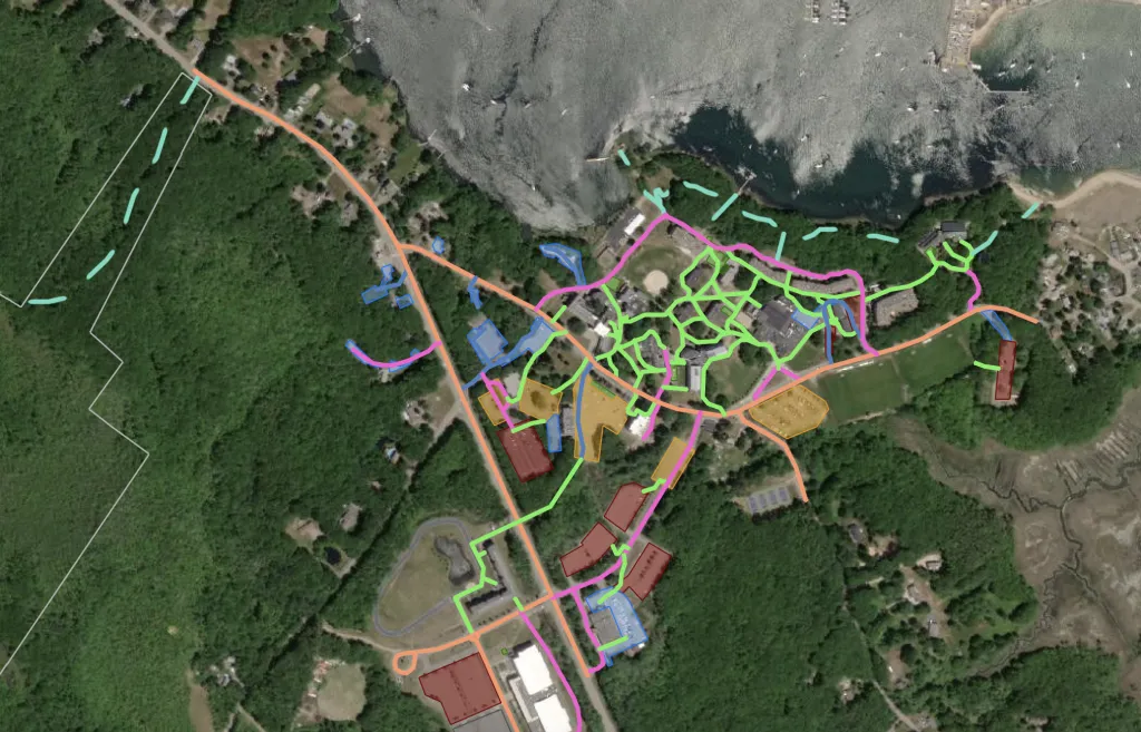 A map of trails and pedestrian routes plotted by Ryan Arbuckle, B.S. ’20,