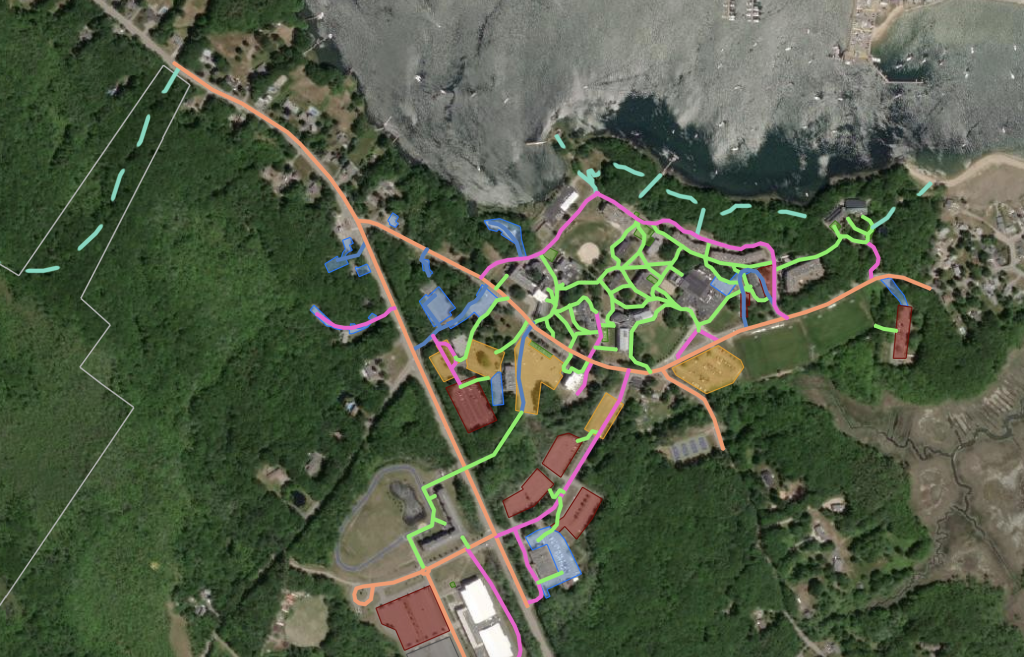 A map of trails and pedestrian routes plotted by Ryan Arbuckle, B.S. ’20, 