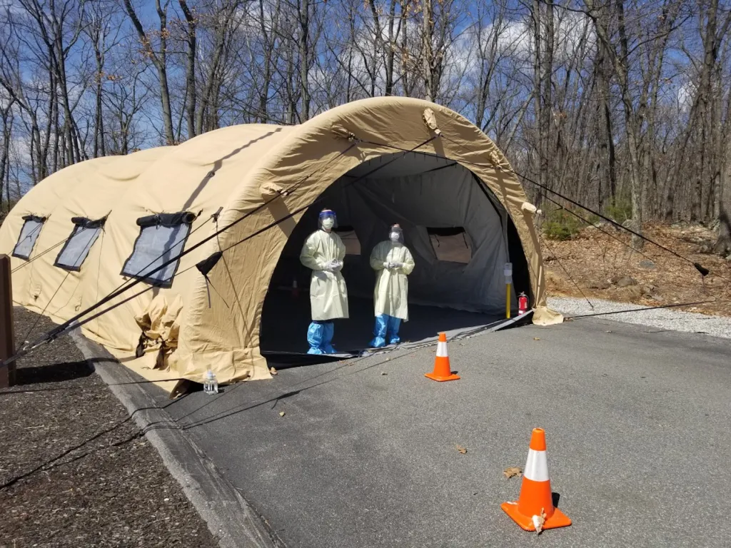 UNE COM students test patients for COVID-19 at Kent Hospital in Warwick, Rhode Island.