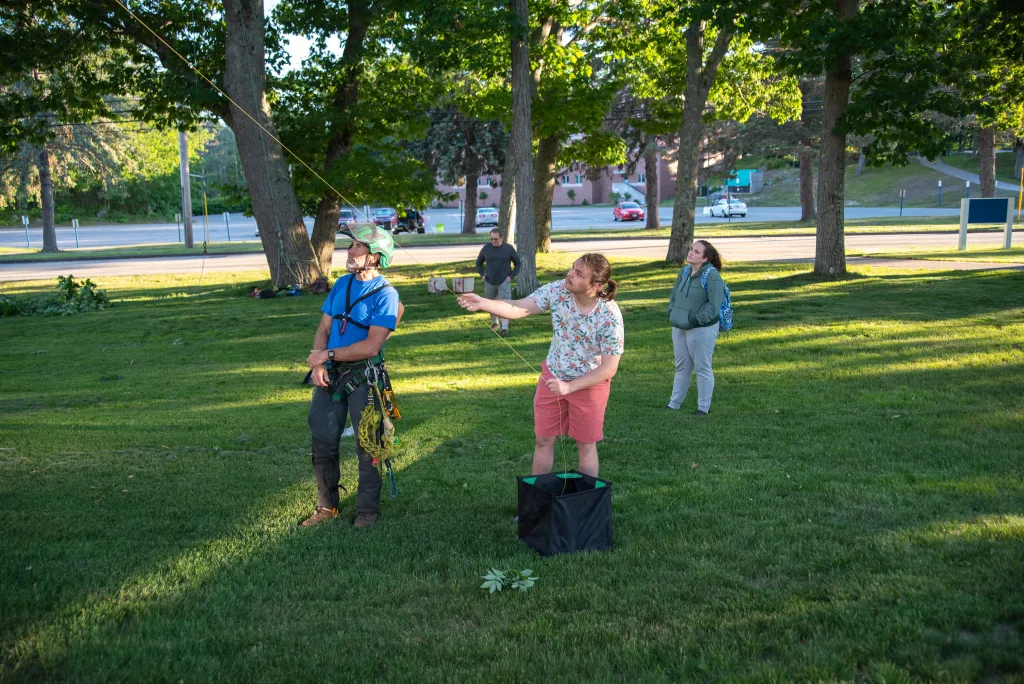 Student throws a lead line into a tree