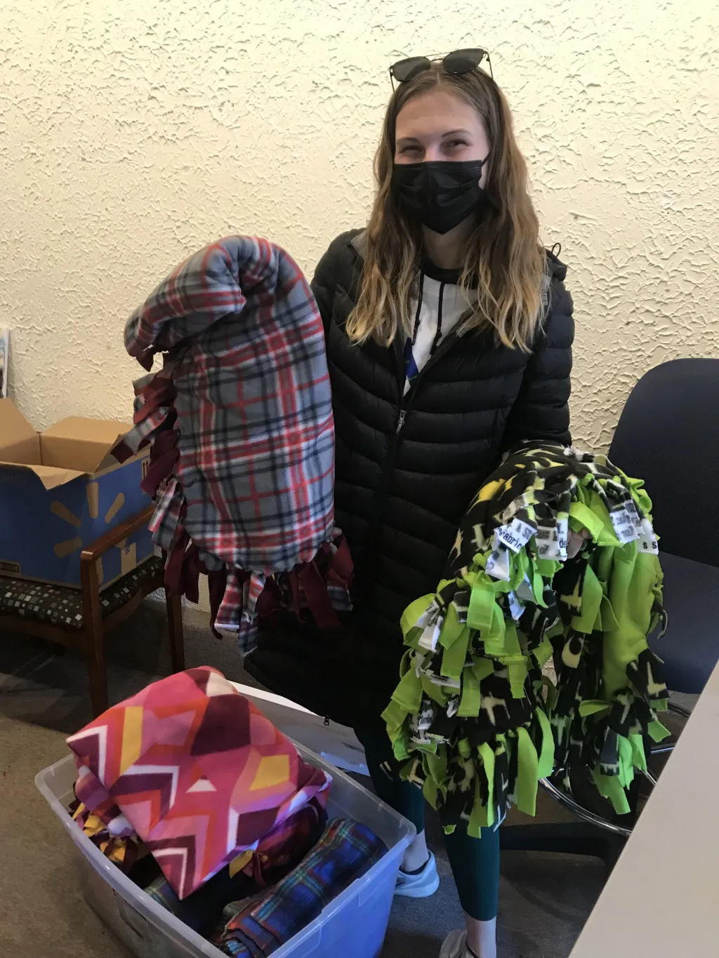 Student with blankets