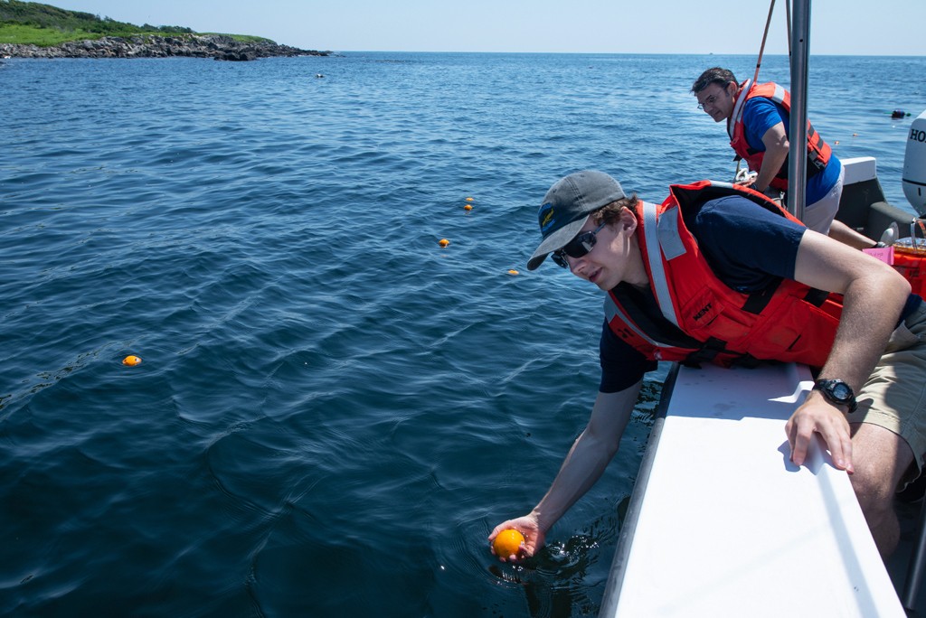 A U N E student leans over the edge of a boat over the water to place a research device in the ocean.