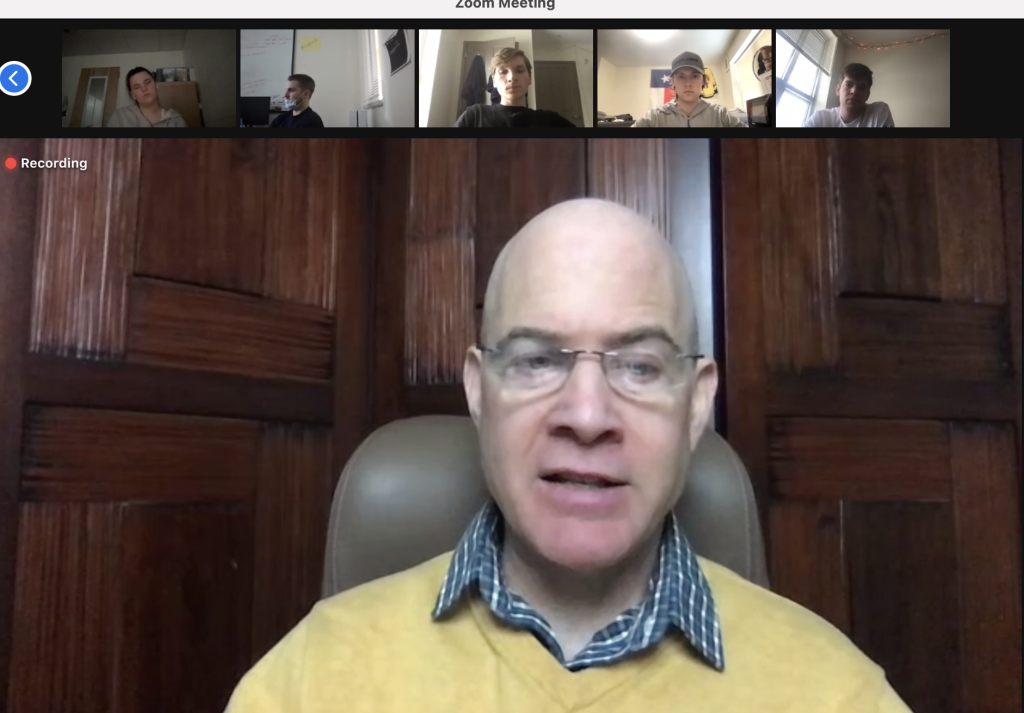 Screenshot of Zoom call with Jim Rooney speaking to students