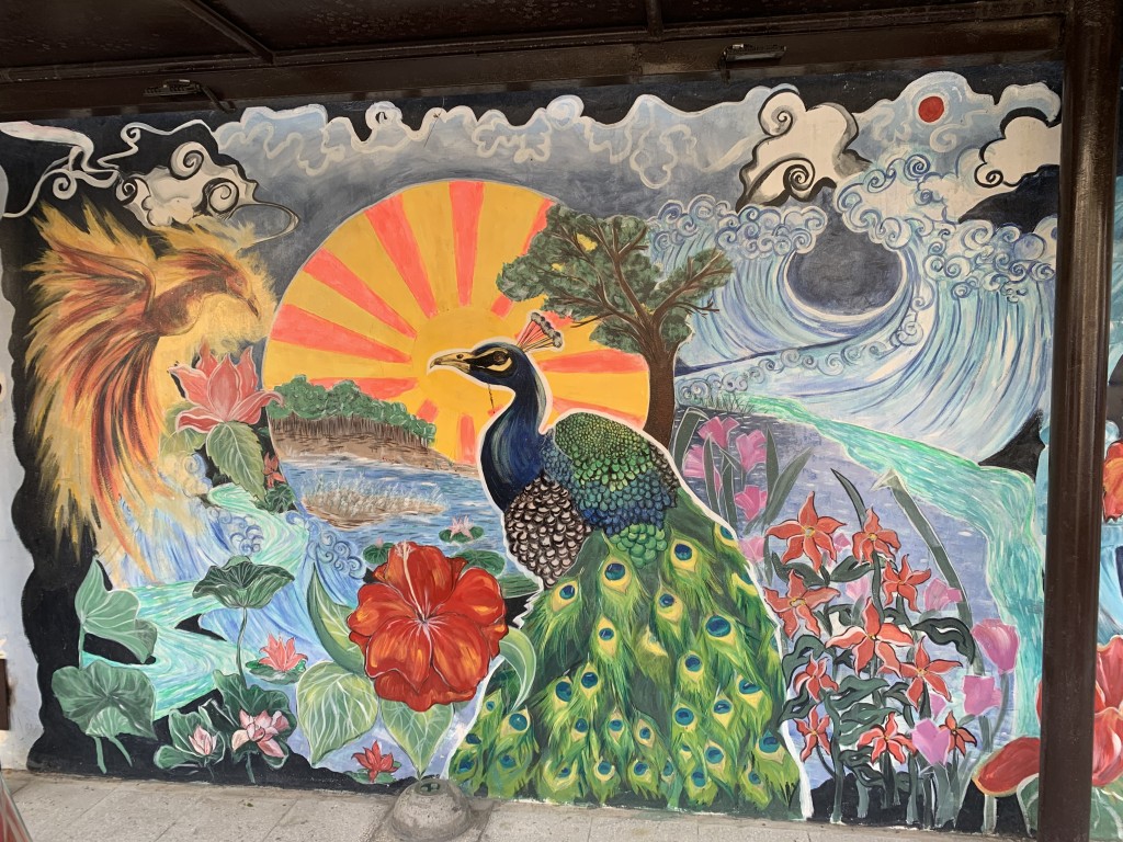 Street art in Bangladesh depicts a peacock and a sunset.