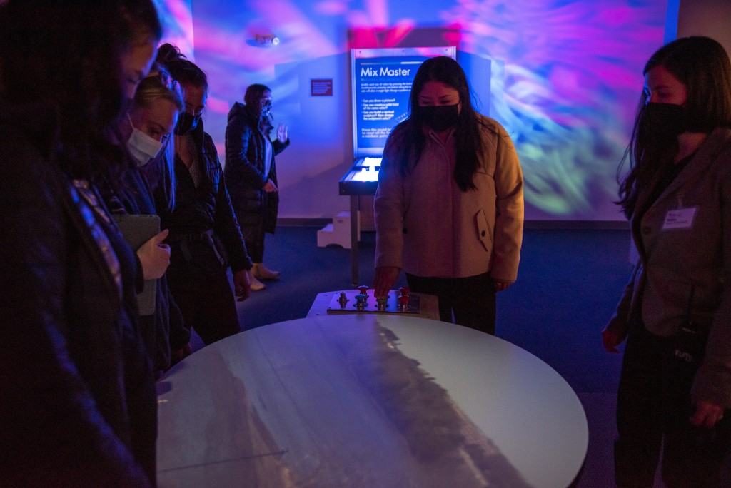 Students stand around the camera obscura 