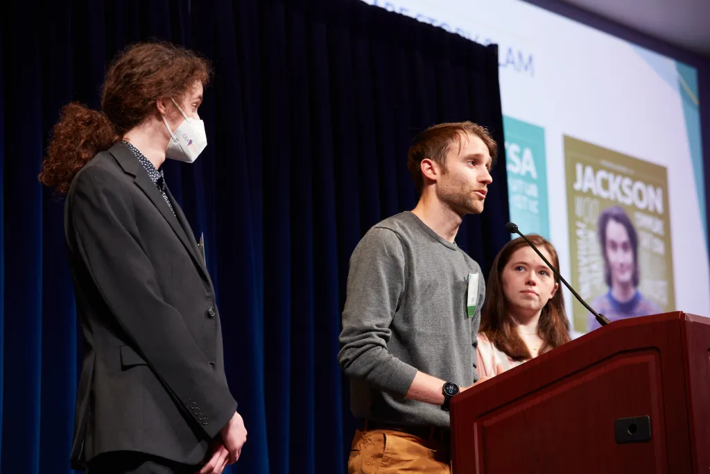 UNE A.B.S.N. student Chris Barr addresses the crowd