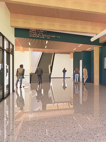 A rendering shows people walking inside the new UNE COM building