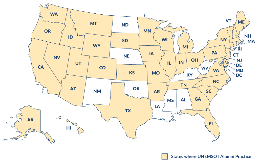 A map of the U.S. highlighting states where U N E occupational therapy alumni live