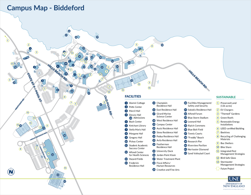 An illustrated map of the Biddeford Campus