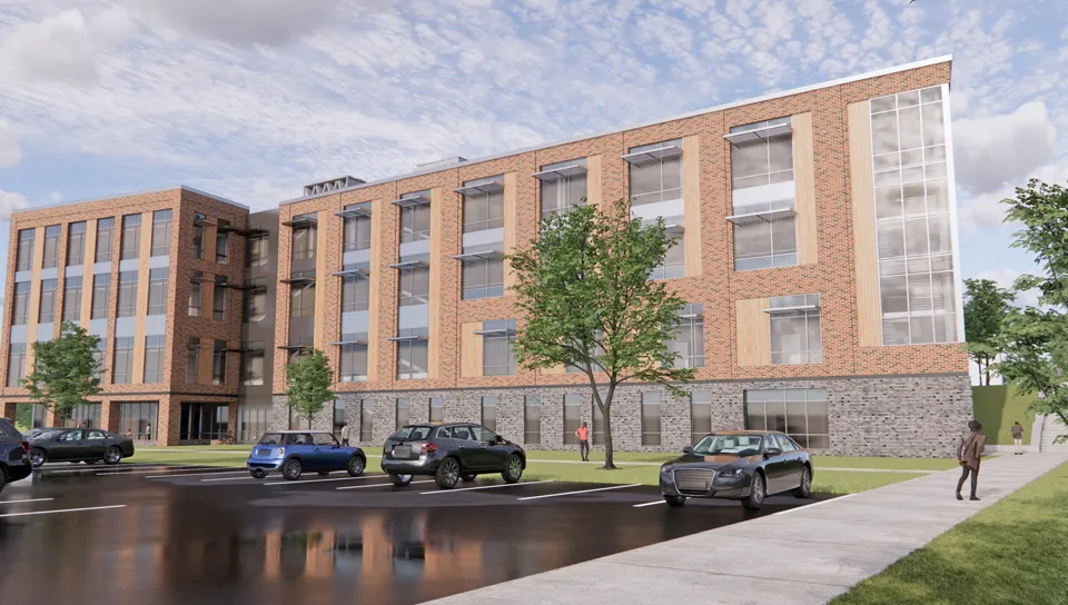 CGI rendering of part of the exterior for the upcoming COM building