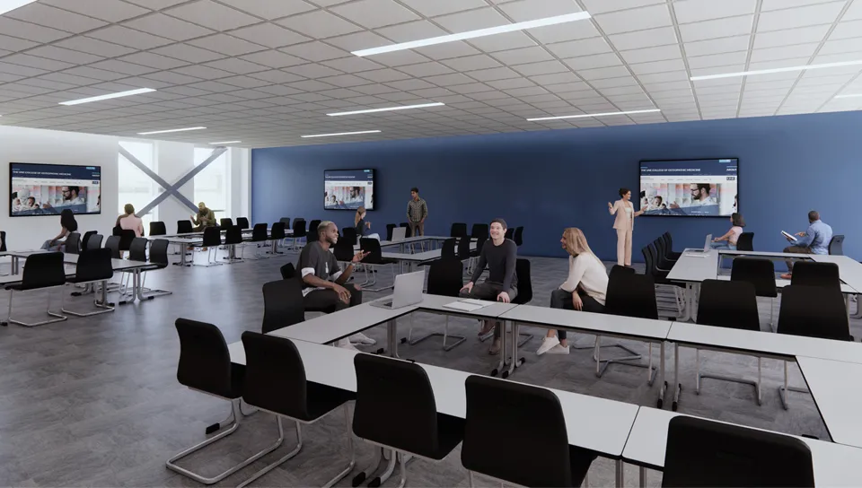 Rendering of an interior space in the upcoming COM building