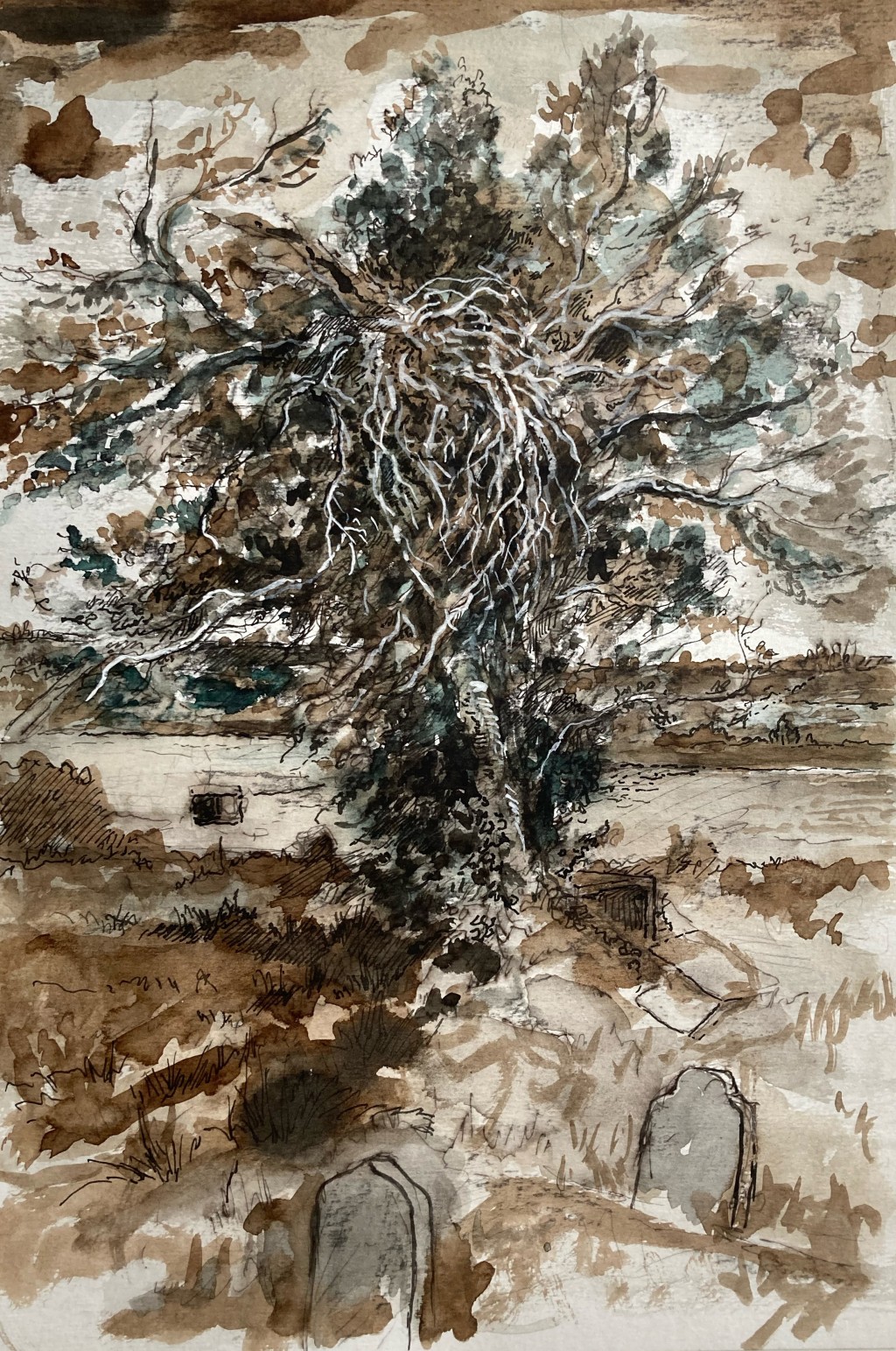 Abstract painting of a tree and graves