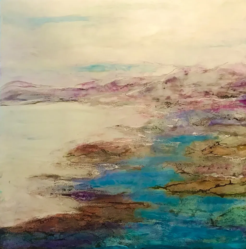 An encaustic painting depicting a river with multiple shades of blue, green, and purple