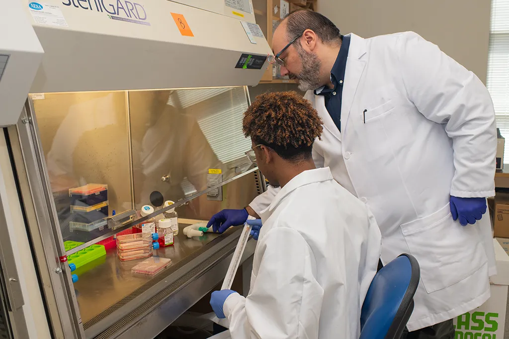 A student and professor working in a lab on research together
