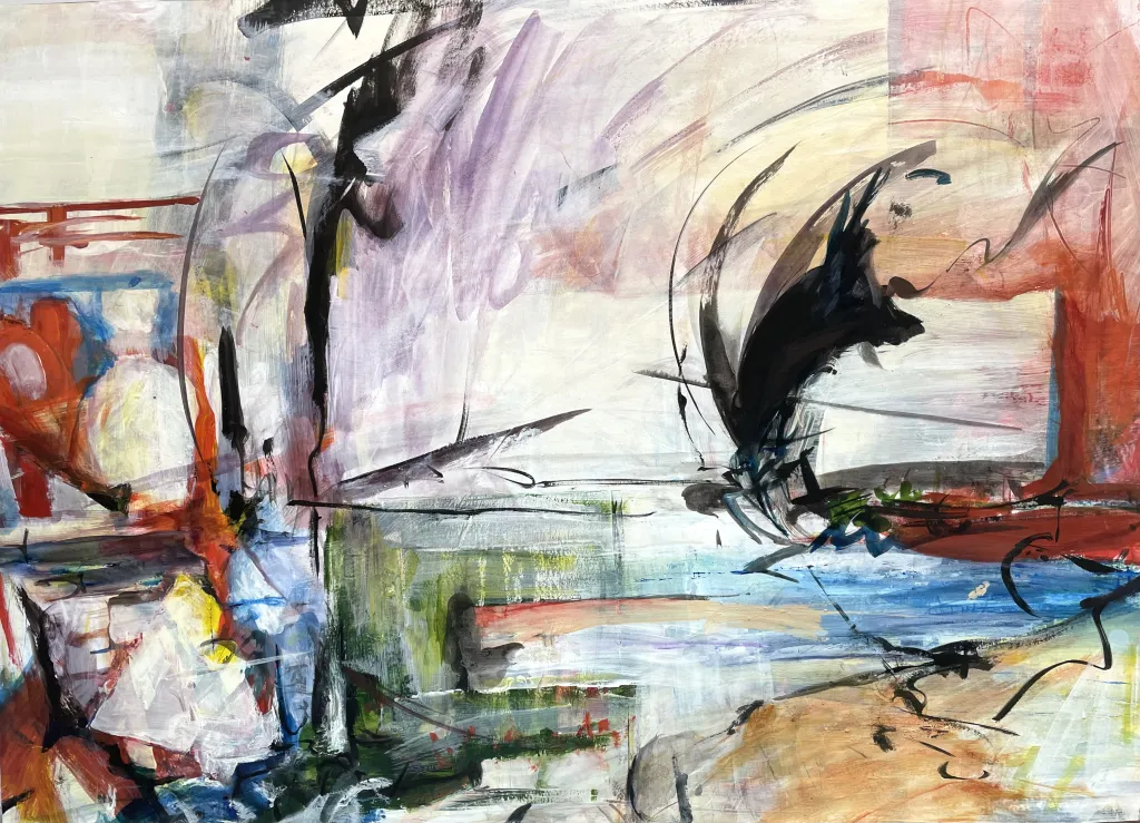 Abstract shapes and colors in Rebecca Cote's painting "She Slid Sideways" (full version)