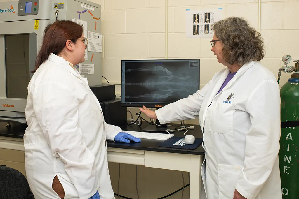 A professor and a student reviewing an x-ray on a monitor