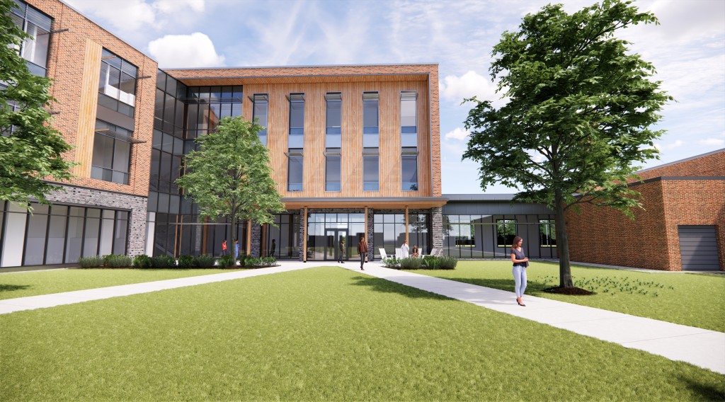 A rendering of the exterior of the upcoming C O M building on the Portland Campus