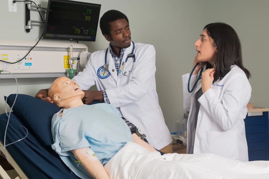 Two C O M students in white coats practice on a simulated patient in the Sim Lab