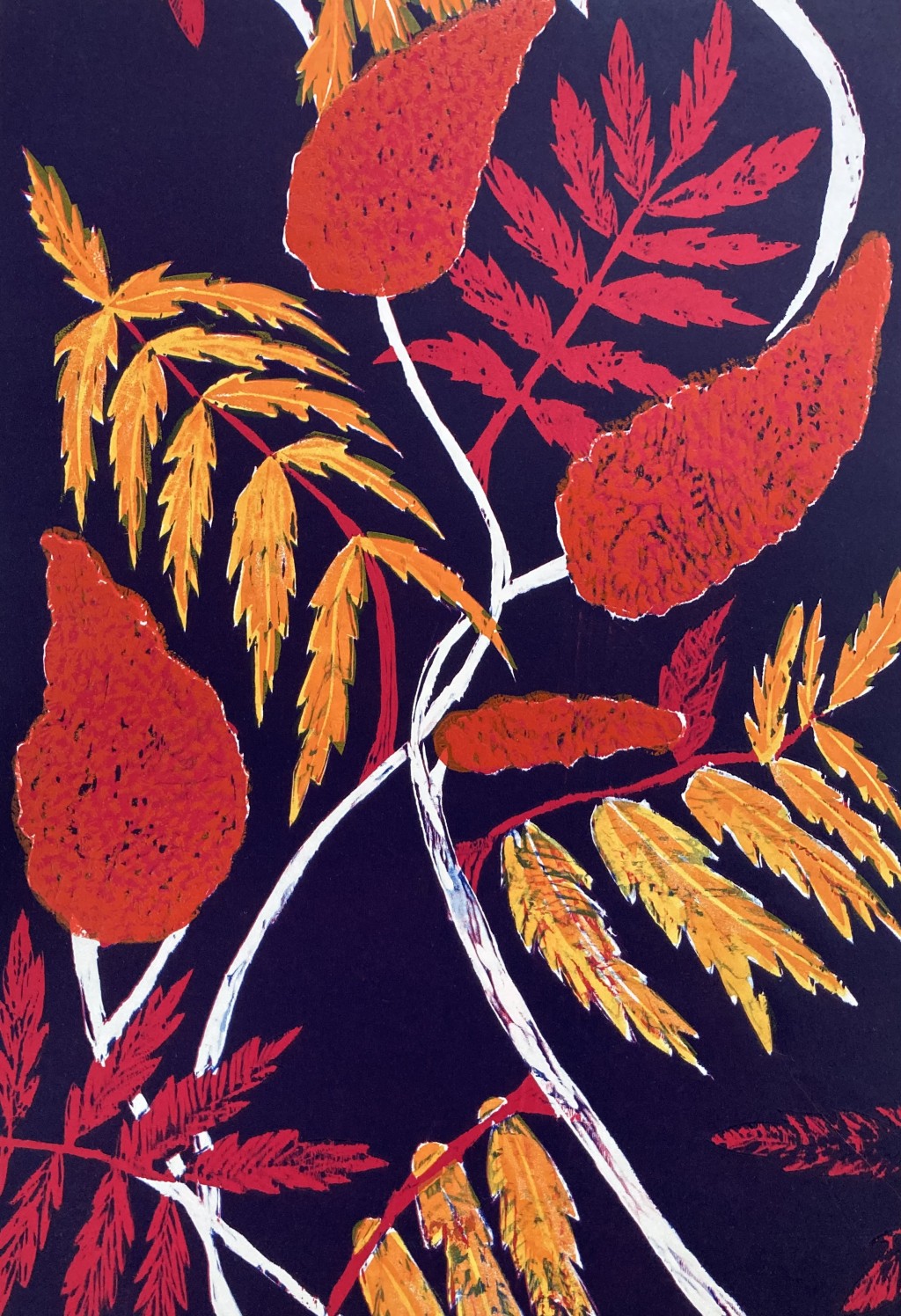 A section of a woodblock print by Rebecca Goodale entitled "Sumac"