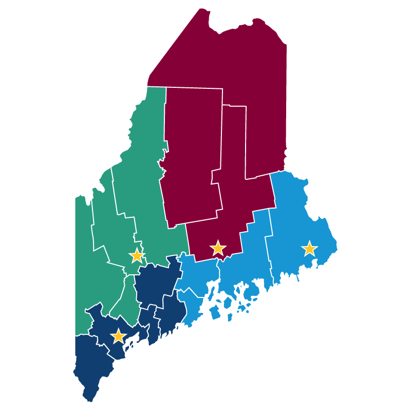 An illustrated map of Maine with stars signifying A H E C centers