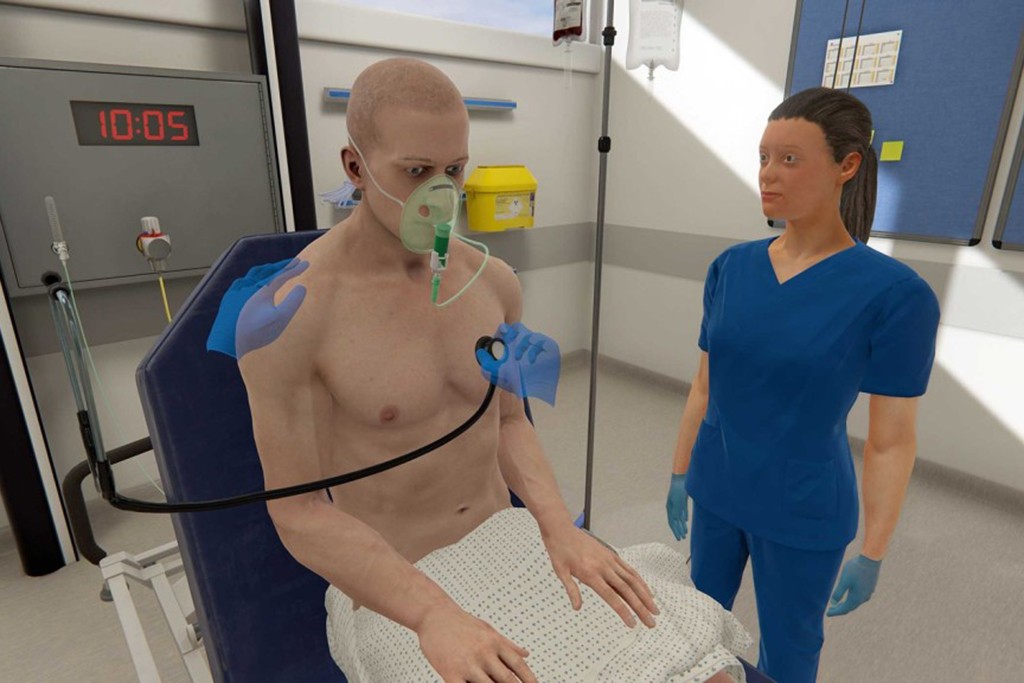 A virtual reality simulation shows a nurse giving a patient a cardiac exam