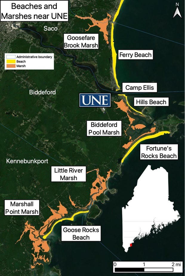 A graphic map of southern Maine depicting areas for research