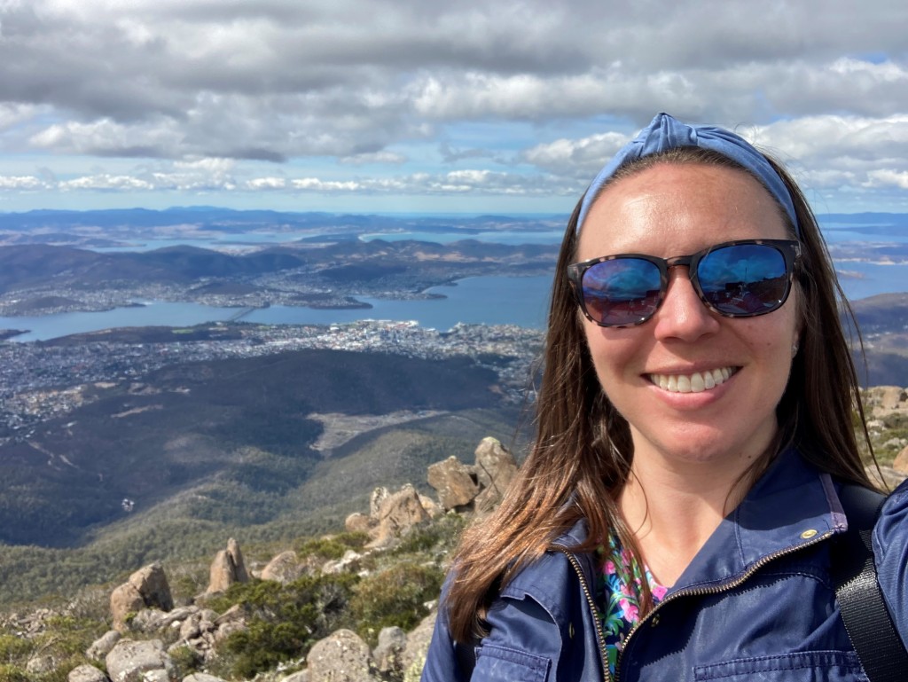 Professor Patricia Thibodeau takes a selfie overlooking Hobart, Tasmania