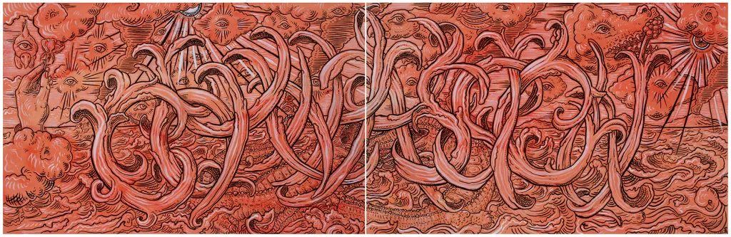 An abstract painting depicts waves, weather, and snakes