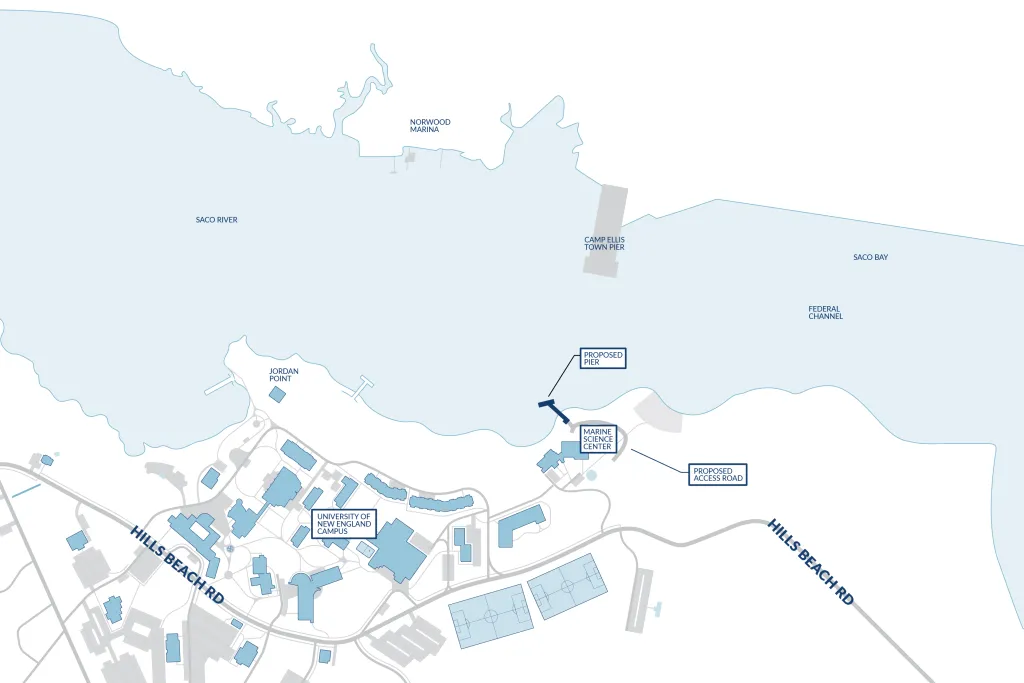 An illustration of the Biddeford Campus and coastline