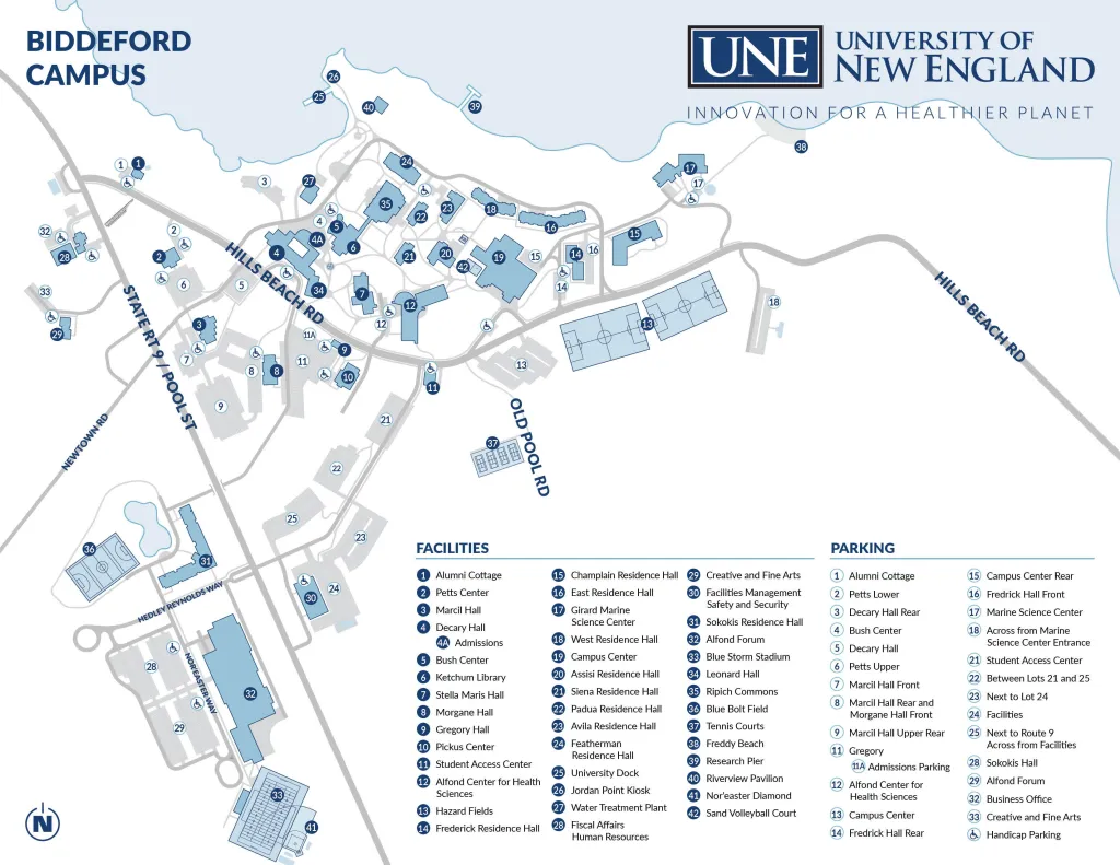 Map of parking spaces on the Biddeford Campus