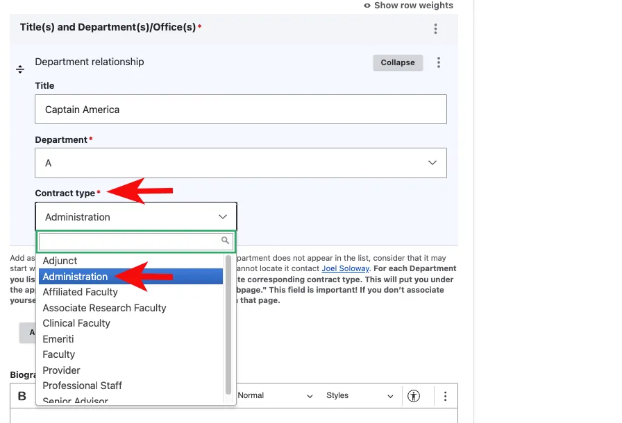 Instructional screenshot of the contract type field in the profiles content type