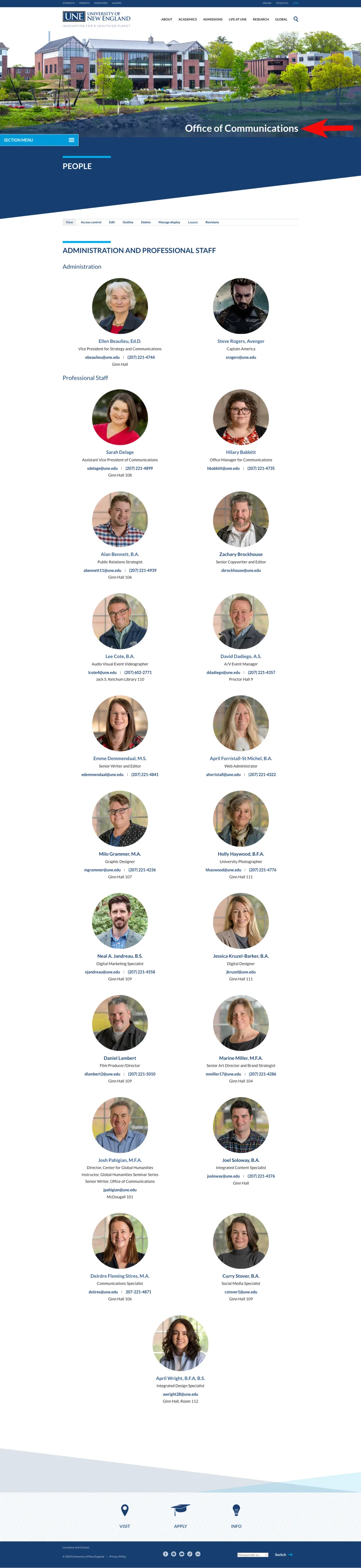 screenshot showing a People page on the une website with profile cards for faculty and professional staff and an arrow pointing out the subsite header