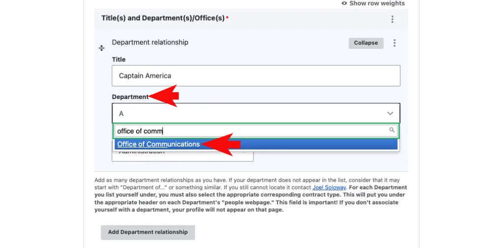 Screenshot of the profile editing portal with arrows showing users where to select their departmental relationships