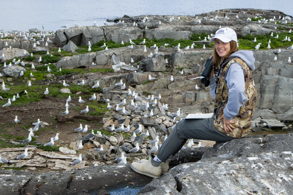 A student sits next to numerous seagulls on a rocky coastline