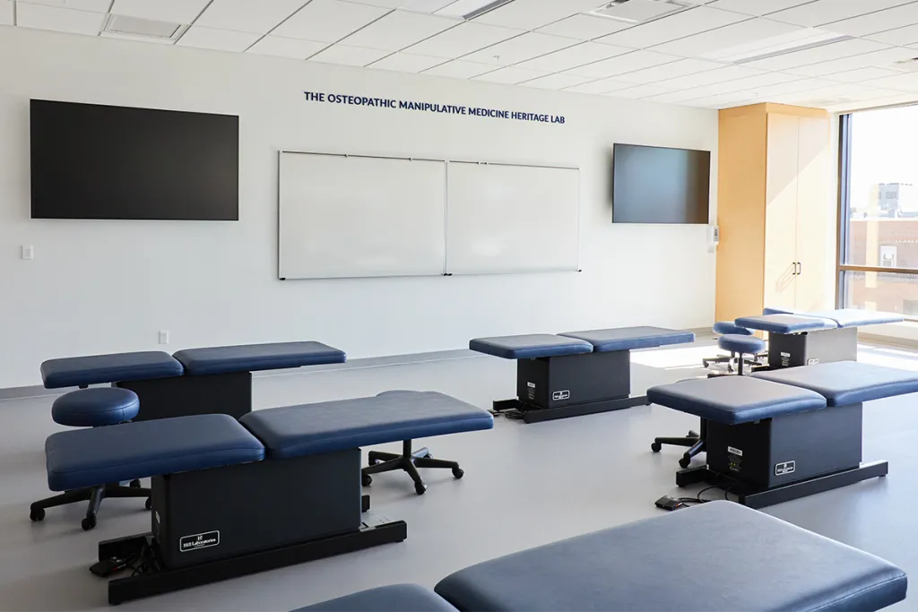 Interior of the O M M room in the Harold and Bibby Alfond Center for Health Sciences on the University of New England's Portland Campus for the Health Sciences