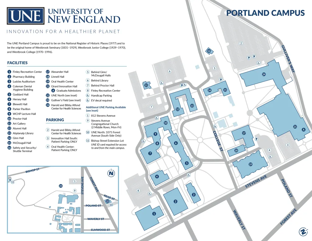 Map of parking spaces and buildings on the Portland Campus