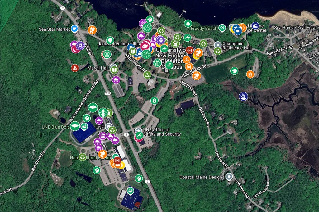 An aerial view of the Biddeford Campus from Google Earth
