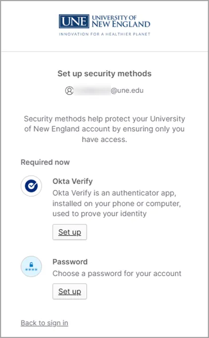 A screenshot of an Okta screen to set up security methods using Okta Verify and a password