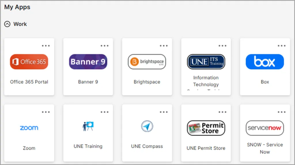 A screenshot of the Okta homepage featuring cards for a company's apps