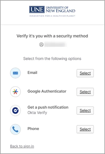 A screenshot of a screen to verify a security method with options for email, Google Authenticator, push notifications with Okta Verify, or phone