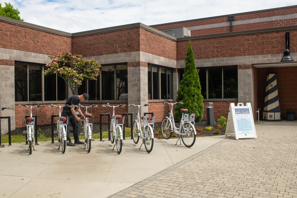 A row of white Nor'easter Bike Share bicycles docked at a station in front of a brick building with gray stone accents, landscaped with a flowering tree, evergreen shrub, and colorful flowers